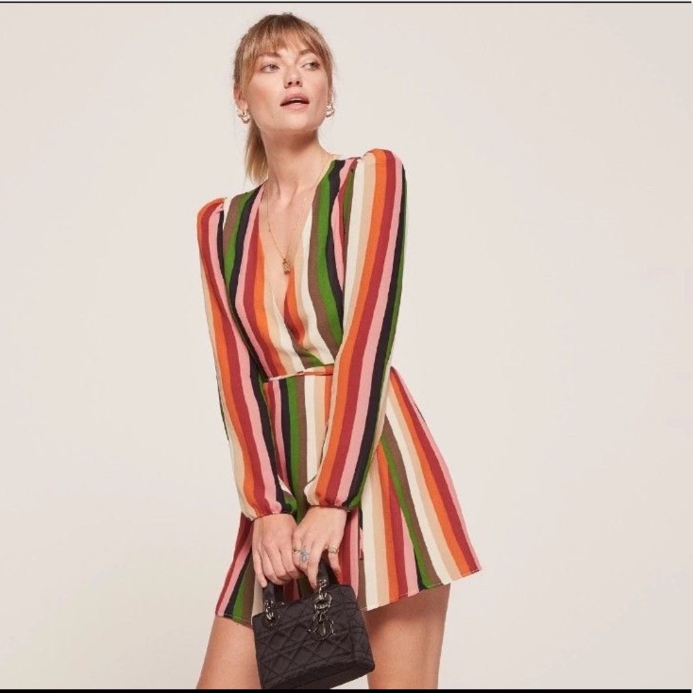 Reformation Polk Dress in Rainbow Stripe, sz L
